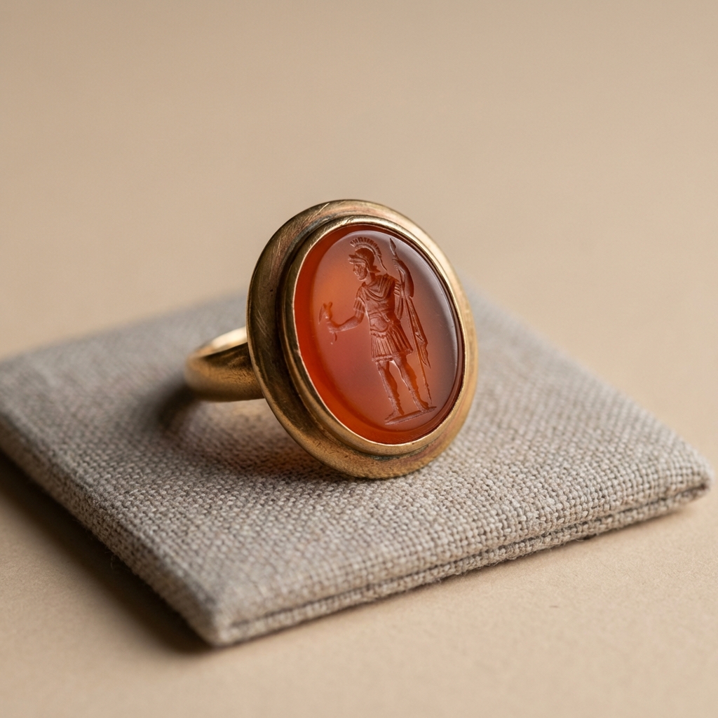 Close up of Roman carnelian cabochon ring with carved intaglio motif and antique gold bezel showing age wear on warm beige background