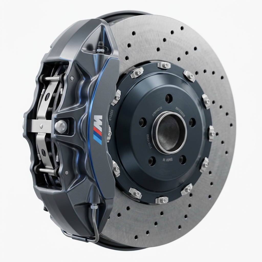 Close up of BMW M4 performance brake caliper and ventilated rotor on white background with blue accent 3666ed bmw m3 for sale