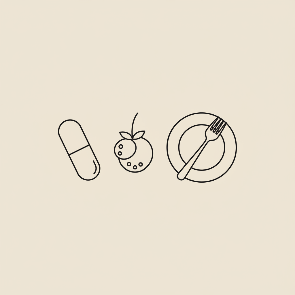 Minimalist line illustration of a capsule, berry and plate with fork on beige background — semaglutide how long to lose 30 pounds