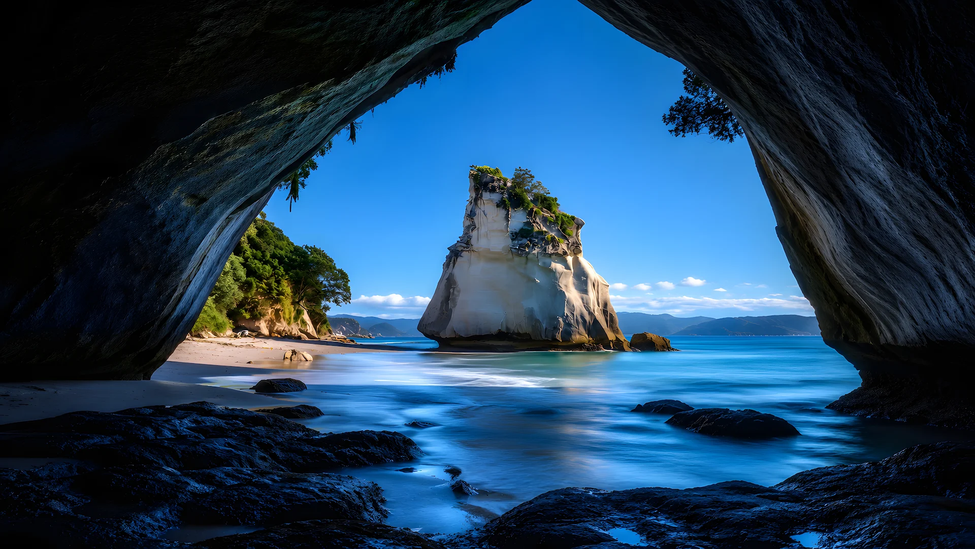 Scenic sea cave framing sea stack rock formation on tropical coast - Free 4K desktop Wallpaper