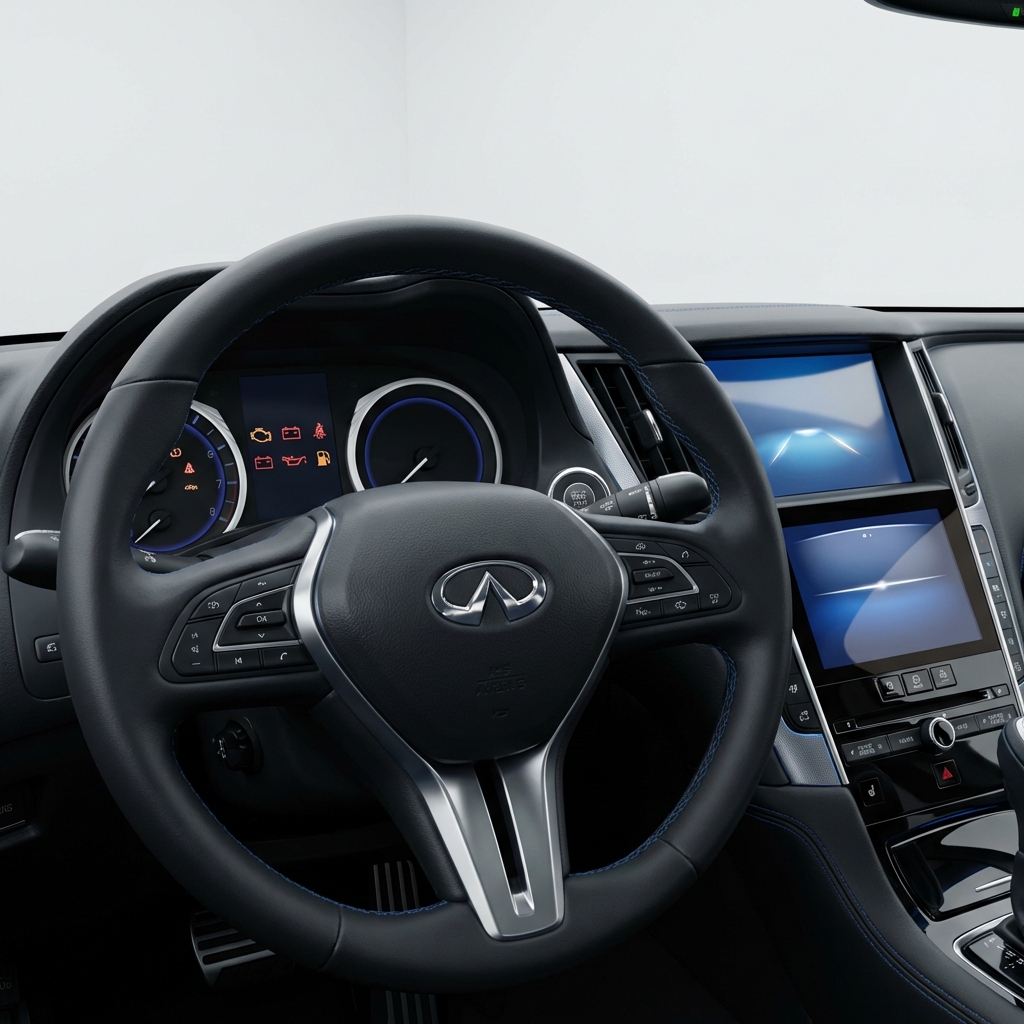 Full frame close up of Infiniti Q50 for sale dashboard with infotainment screen steering wheel and inactive warning lights on clean white background