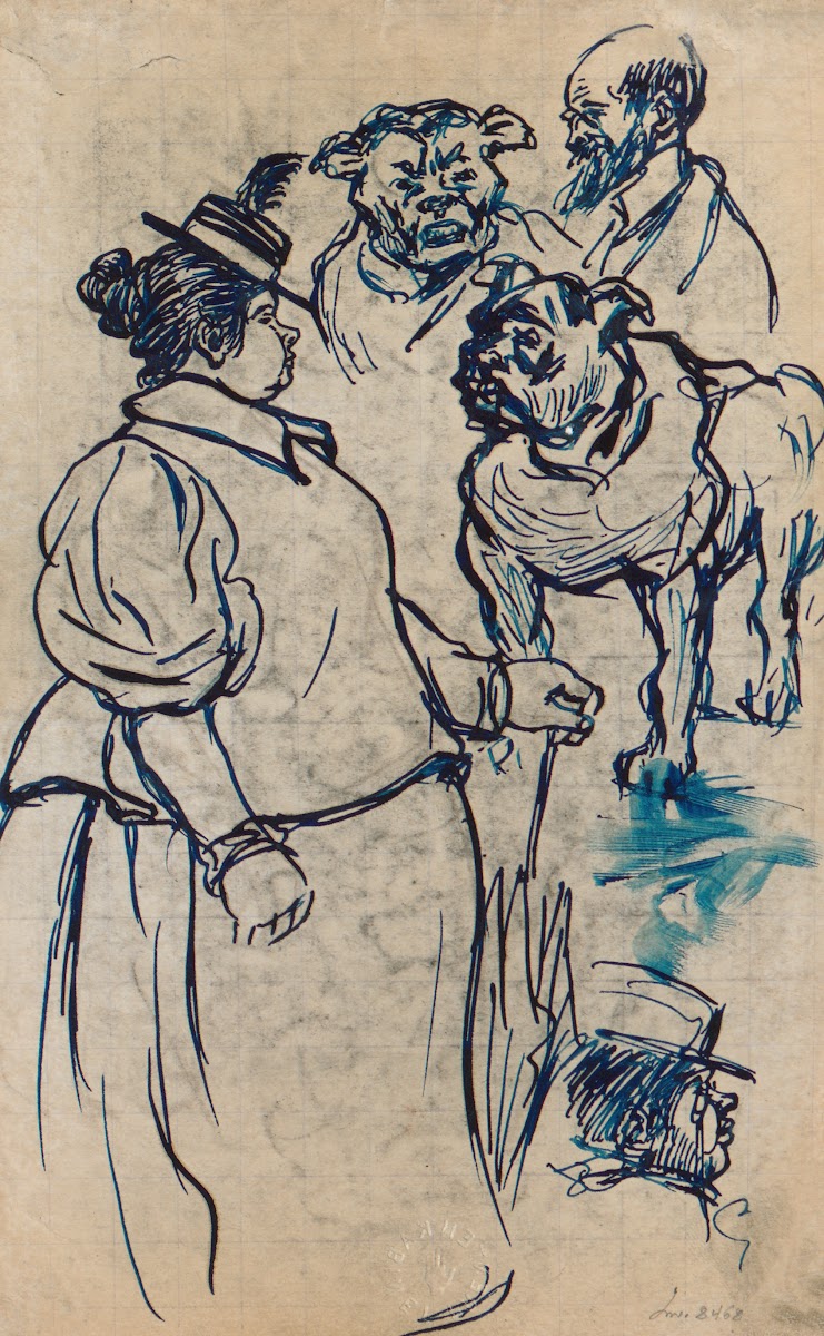 Studieblad wandelende dame hond en manshoofd