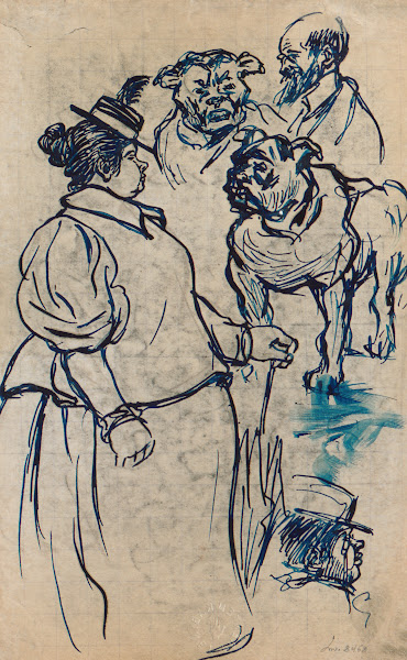 Studieblad wandelende dame hond en manshoofd