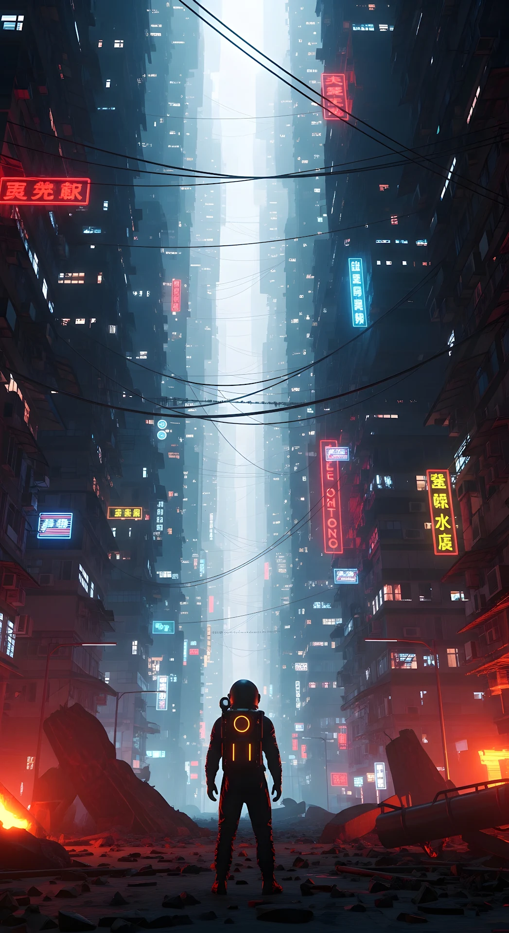Astronaut in Ruined Neon Cyberpunk Cityscape Vertical Art - Free 4K mobile Wallpaper