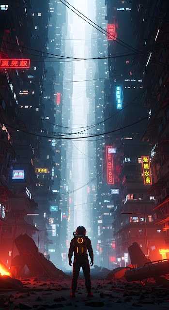 Astronaut in Ruined Neon Cyberpunk Cityscape Vertical Art - Free mobile Wallpaper