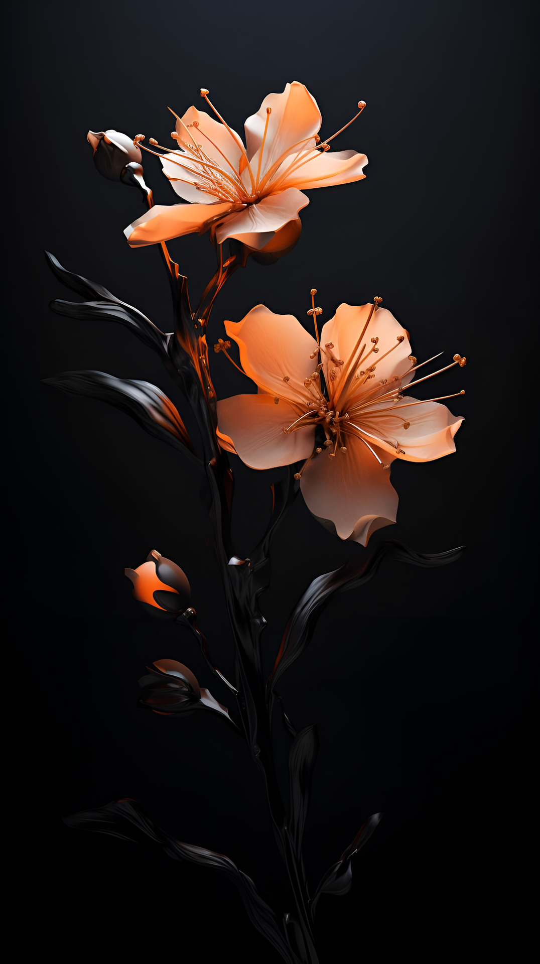 Elegant Orange Blossoms with Glossy Black Stems on Dark - Free 4K mobile Wallpaper