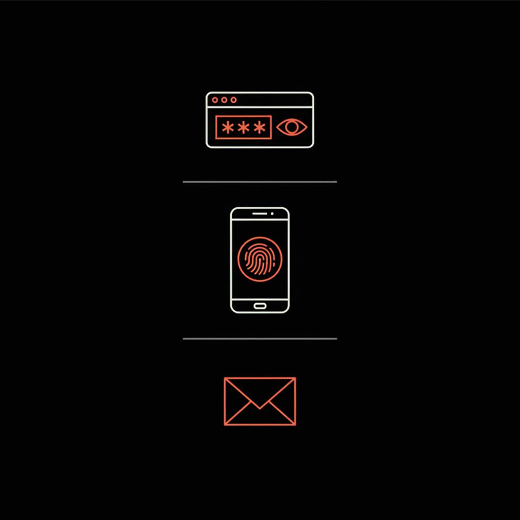 Minimal vertical infographic with three icons (browser eye, mobile biometric pad, recovery email) on black brand background — how do I see what my password is