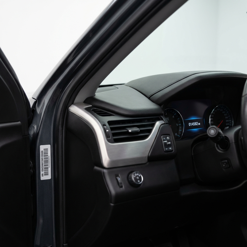 Close up of Yukon dashboard odometer and VIN sticker on door jamb showing vehicle details for yukon gmc for sale