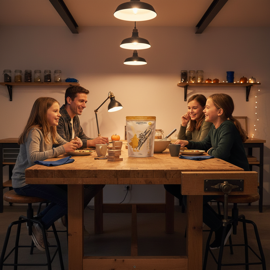 Intime Abend-Szene: Familie um hölzerne Werkbank mit warmem Licht, industrielle Details und Produkt aus Referenzfotos – weihnachtsgeschenke für kinder