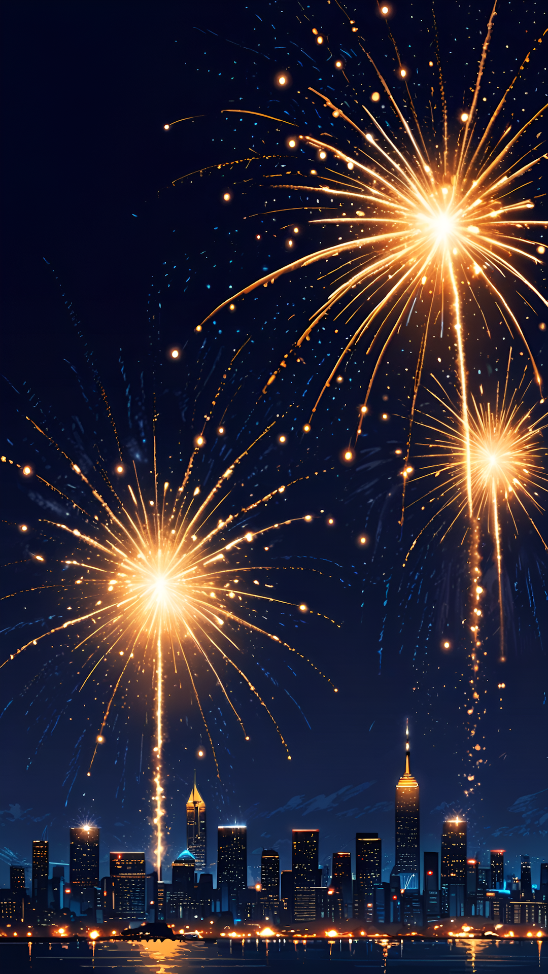 Golden Fireworks Light Up City Skyline at Night - Free 4K mobile Wallpaper