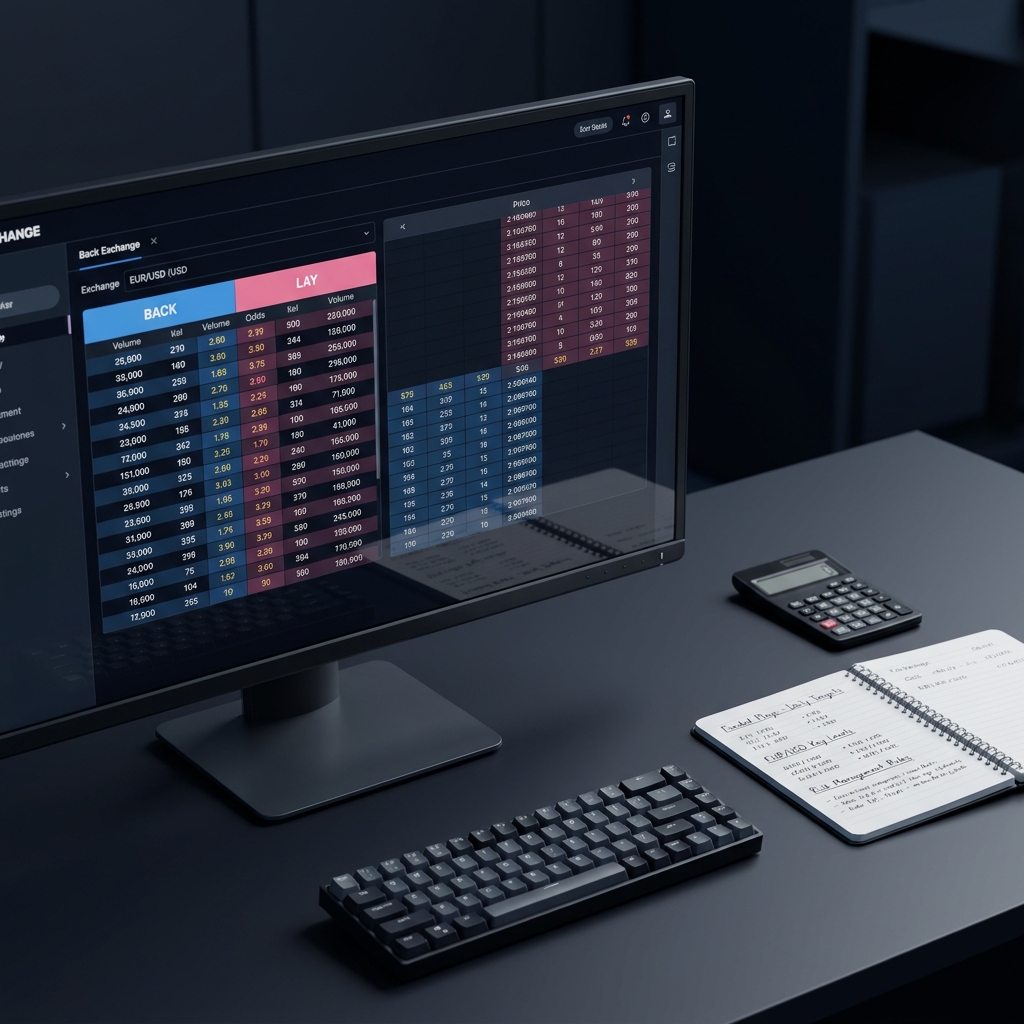 Close up of a trader screen showing back and lay prices with a calculator and notebook illustrating What Is Hedging in Sports Trading in a clean Funded Plays dark brand aesthetic