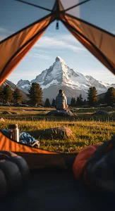 Morning View of Snowy Mountain Peak from Inside a Tent
