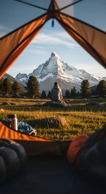 Morning View of Snowy Mountain Peak from Inside a Tent