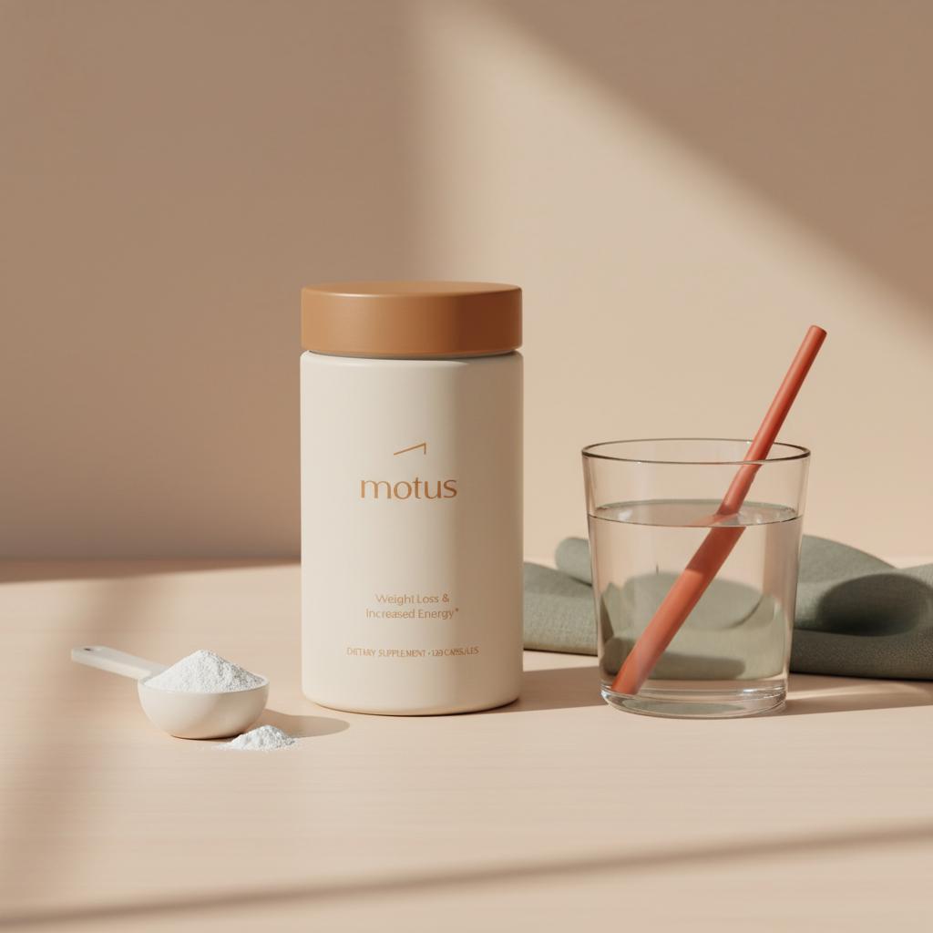 Minimal Tonum supplement jar with taurine beside a glass of water and a ceramic scoop on a soft #F2E5D5 background, clean minimalist health aesthetic