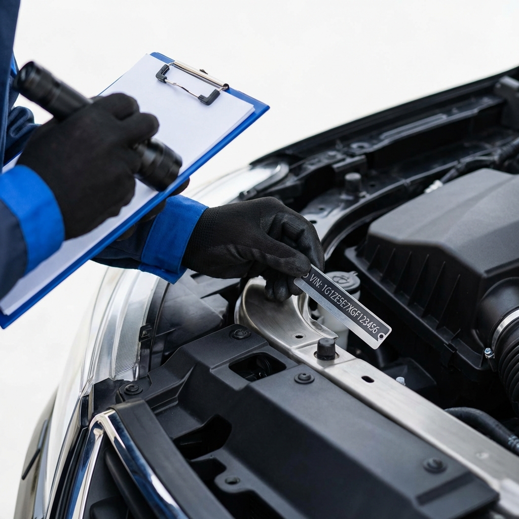 Close up of a technician inspecting an engine compartment with VIN plate visible indicating history check for honda crv for sale