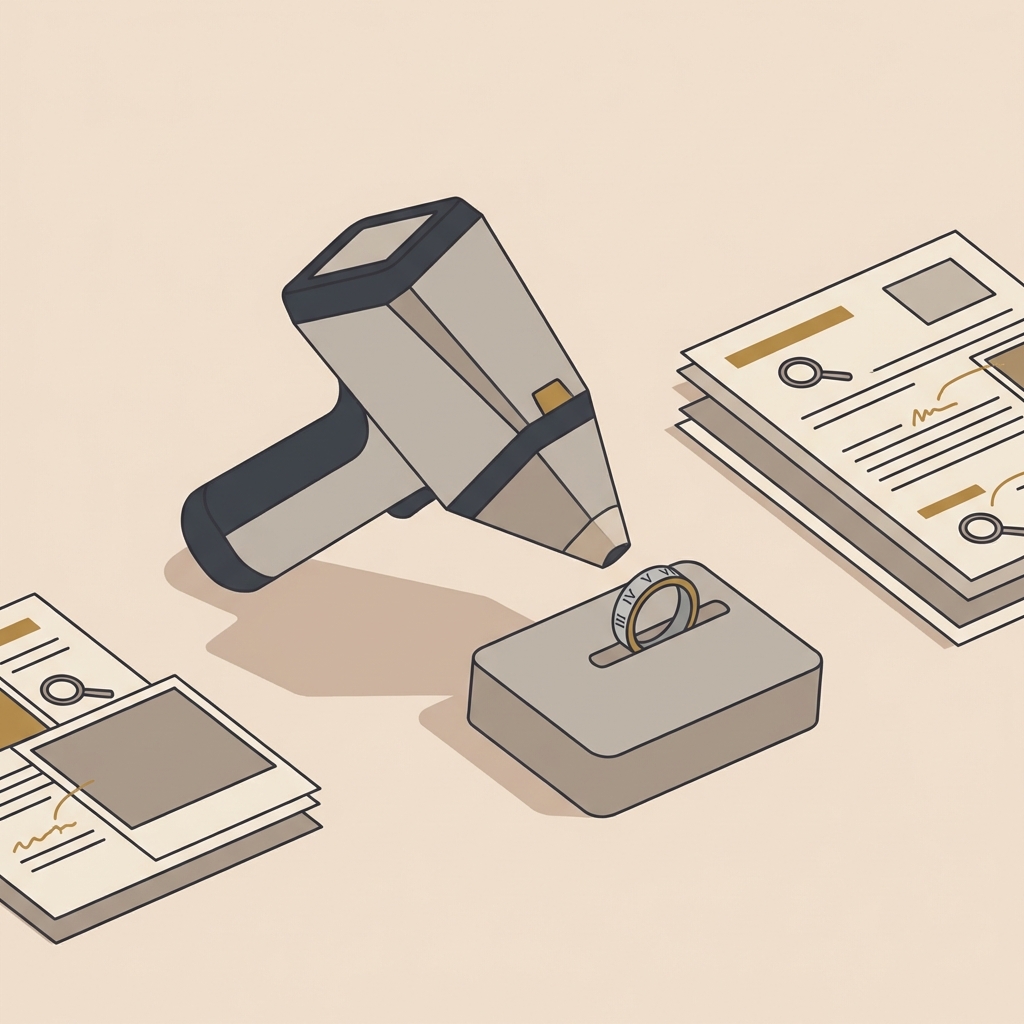 Minimalist 2D vector of a conservator workspace showing a portable XRF aimed at a roman numeral ring silver on a foam cradle with annotated photos beside it