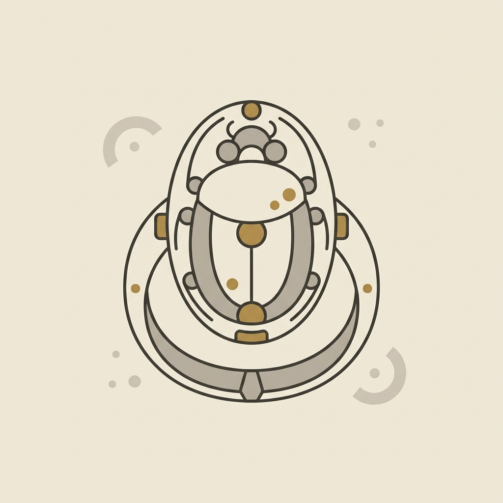 Minimalist 2D vector depiction of an antique scarab ring centered on a warm beige background with muted secondary accents and golden highlights