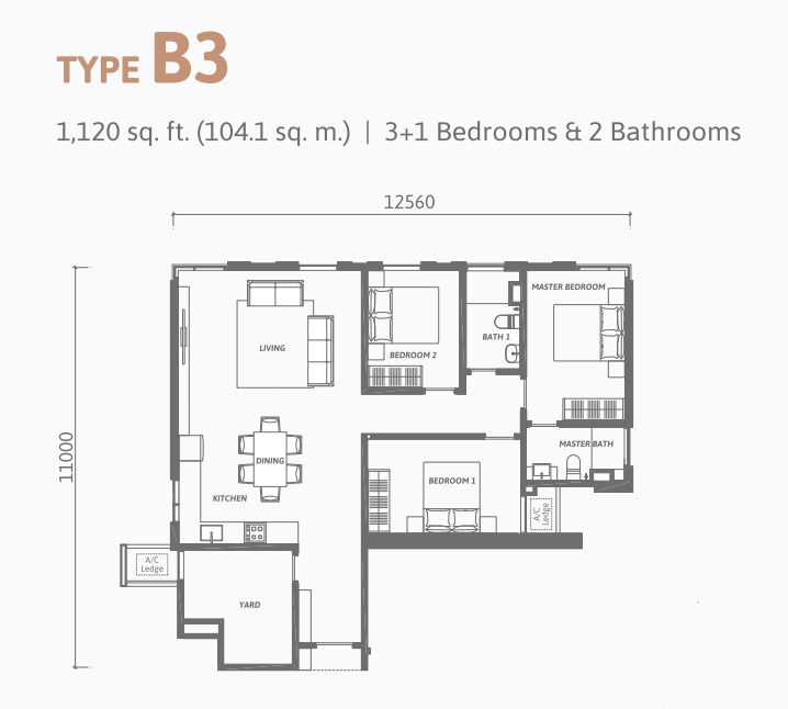 Ren Residence Type B3 floor plan — 1427 sq ft, 4 bedrooms