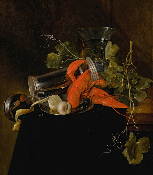 Still life with two lobsters an overturned tankard a berkemeier glass grapes and