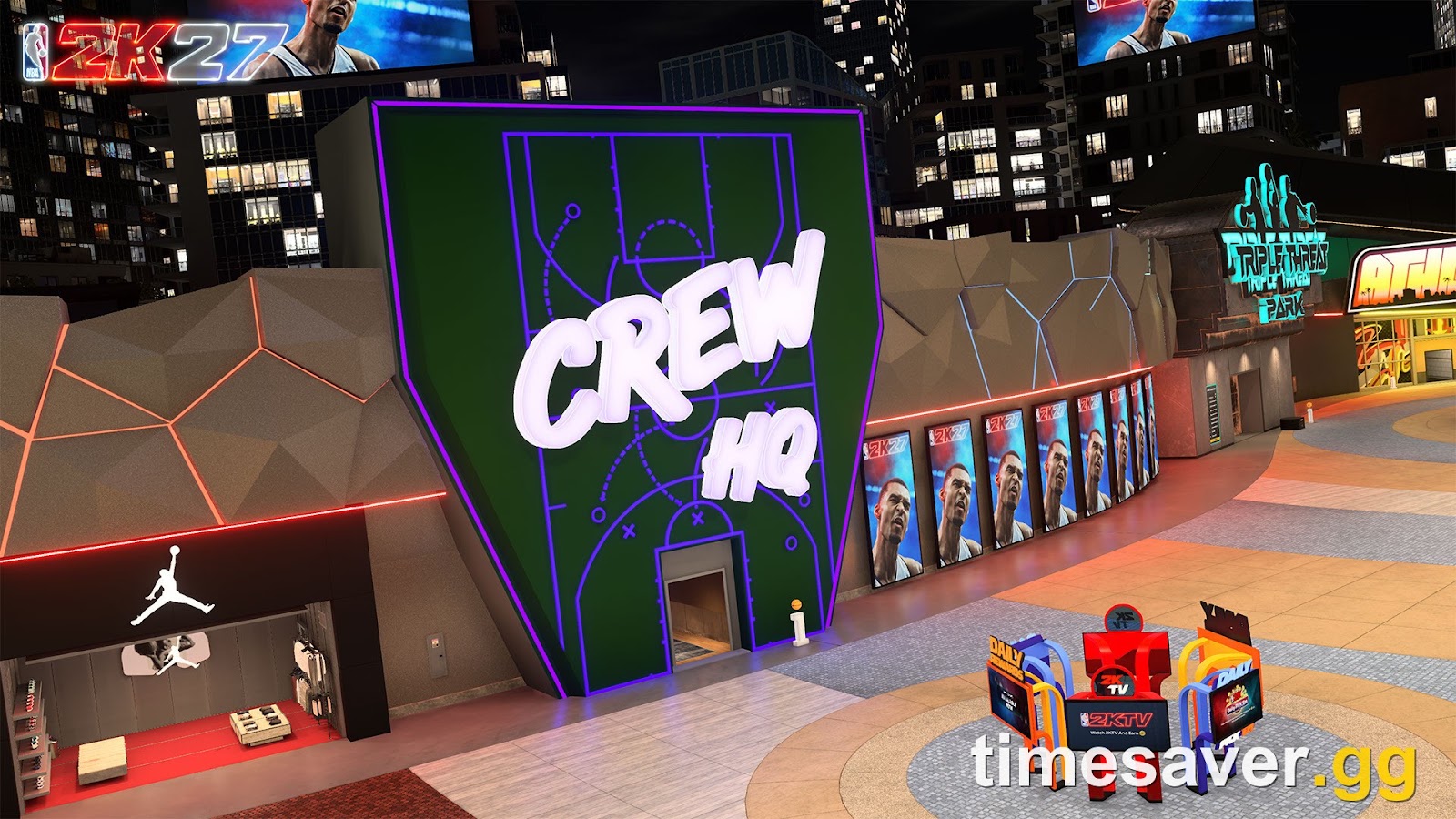 The neon 'CREW HQ' building in NBA 2K27's nighttime City, the new squad home base