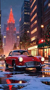 Red Classic Car on Festive Snowy City Street