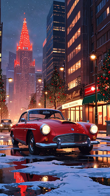 Red Classic Car on Festive Snowy City Street - Free mobile Wallpaper