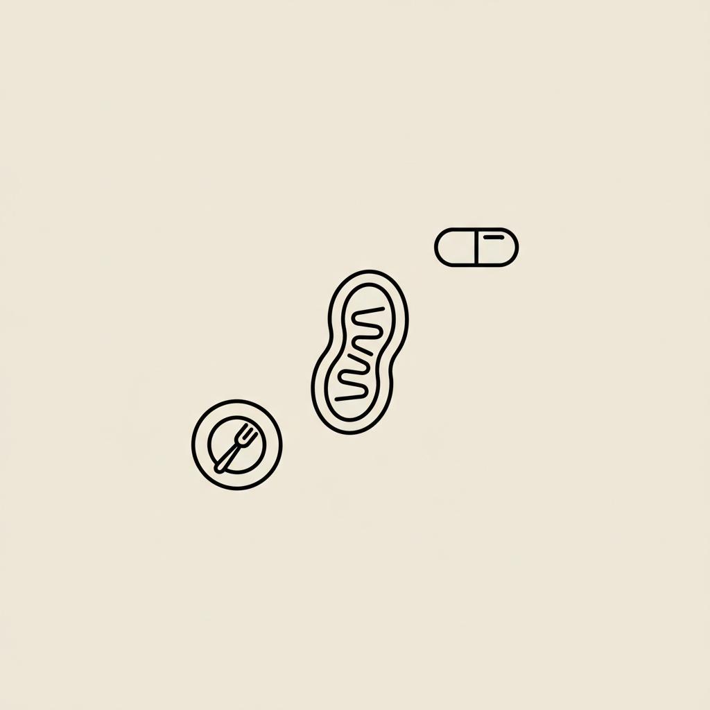 Minimal line-art icons of a mitochondrion, capsule, and plate with fork on beige background illustrating metabolic flexibility