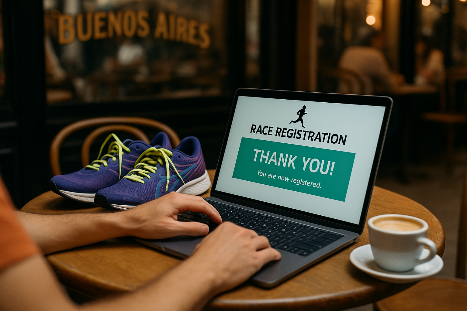 Persona inscribiéndose a una carrera de running en laptop en café de Buenos Aires con zapatillas en la mesa