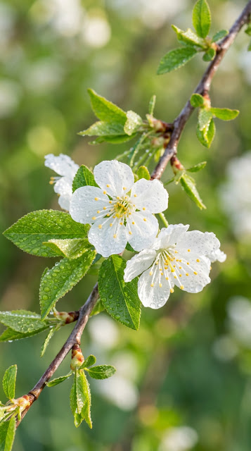 Macro Photography of White Cherry Blossoms with Dew Drops - Free mobile Wallpaper