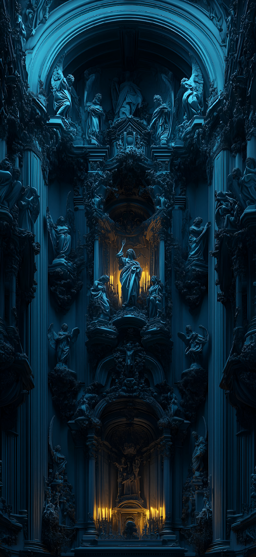 Baroque Church Interior Blue Gold Divine Light Statues - Free 4K mobile Wallpaper