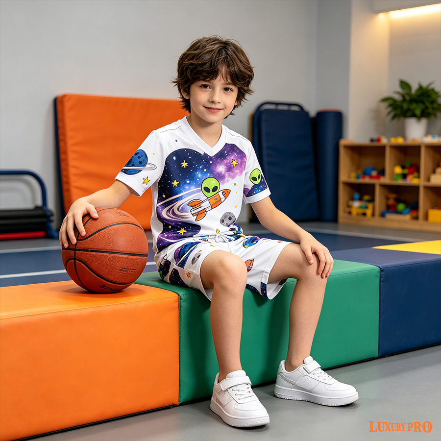 AOP MEG Children's Football V-neck Short Sleeve+MEG Children's Beach Pants