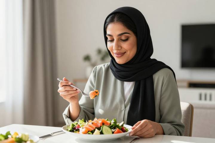 امرأة عربية تستمتع بتناول وجبة سلمون صحية