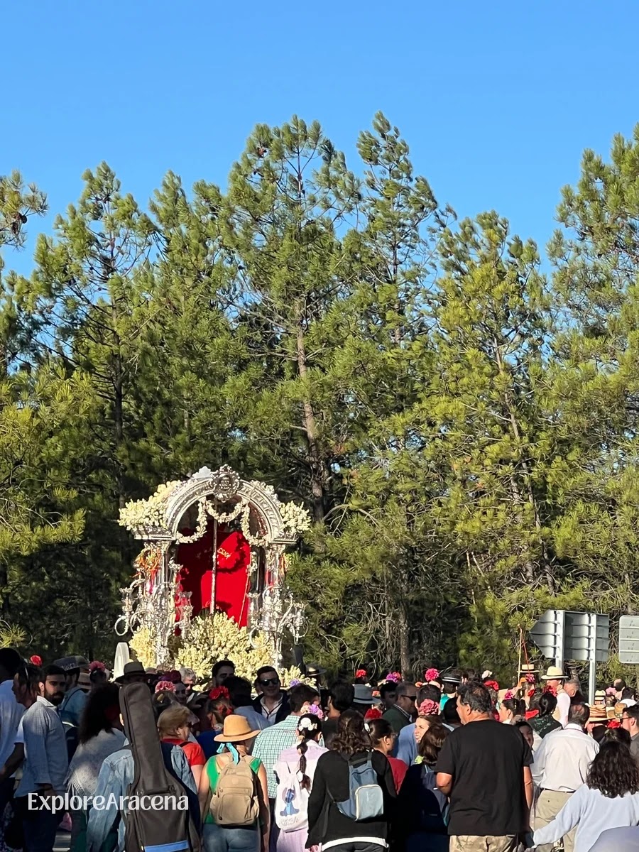Silver shrine moving beneath pine trees with a crowd of pilgrims following behind