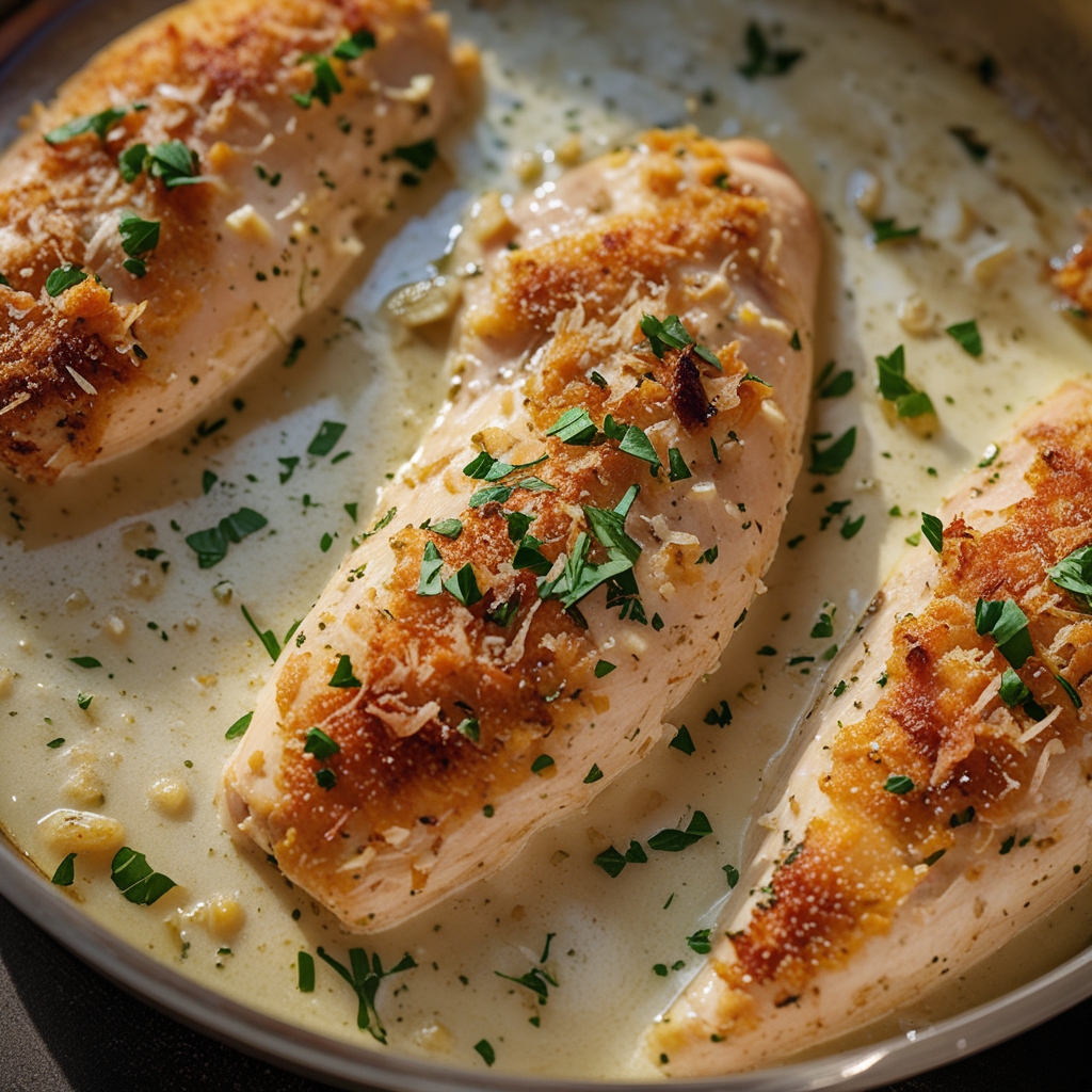 Parmesan Crusted Chicken with Creamy Garlic Sauce – Easy Family Dinner Recipe for Busy Nights finished