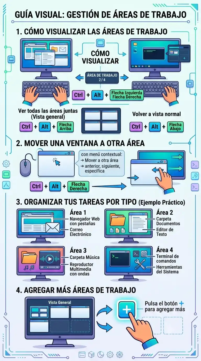 Infografía: Guía visual para la gestión de áreas de trabajo. Explica cómo visualizarlas, mover ventanas, organizar tareas y agregar más escritorios virtuales.