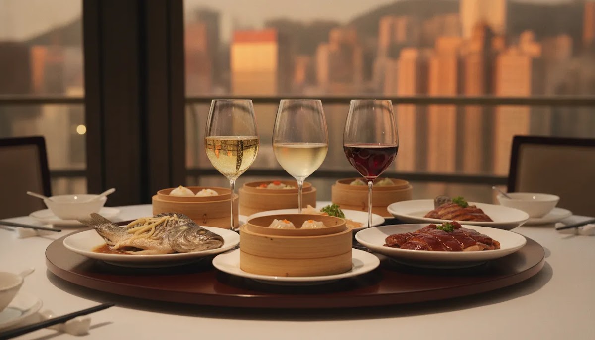Best wine for Chinese food Hong Kong hero image with sparkling, white, and red wine glasses beside Cantonese dishes