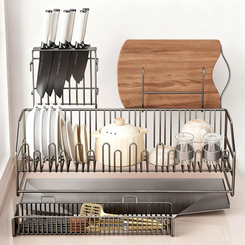 Dish rack with draining tray, expandable, steel frame