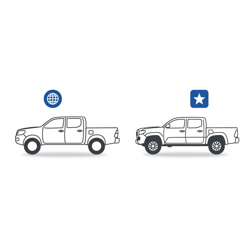 Minimalist 2D vector side by side comparison of a Toyota Hilux and a Toyota Tacoma with blue globe badge for imported and blue star badge for U S market on white background toyota hilux for sale