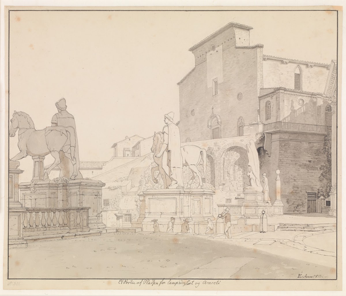 Et parti af Piazza del Campidoglio set mod balustraden med Dioskurerne og kirken