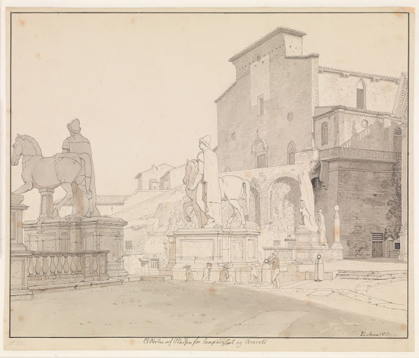 Et parti af Piazza del Campidoglio set mod balustraden med Dioskurerne og kirken
