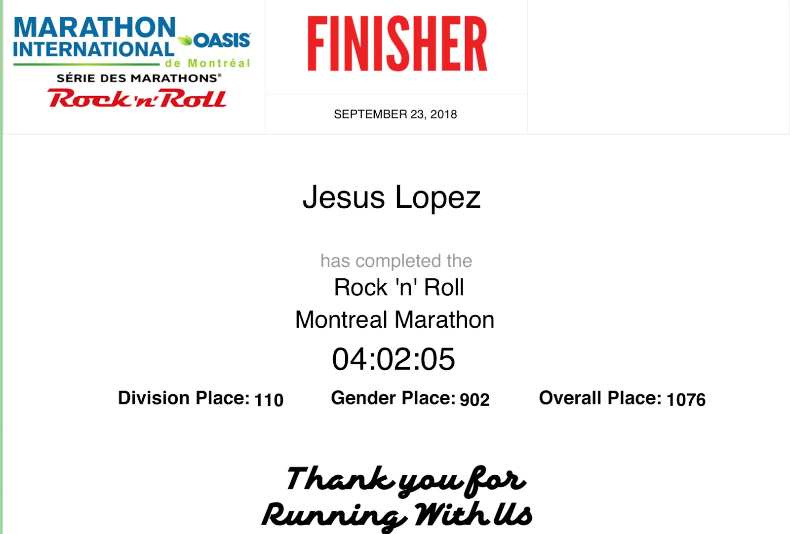 Diploma de MONTREAL MARATHON