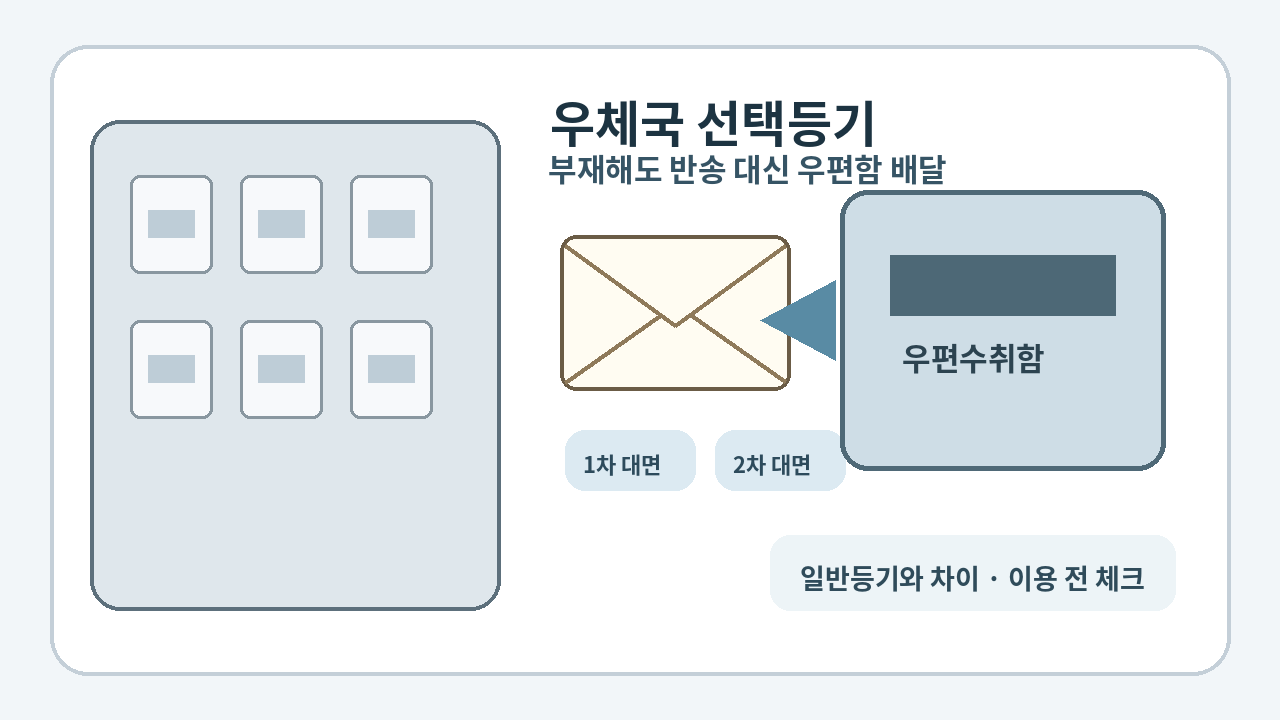 우체국 선택등기가 두
차례 대면 배달 후 우편수취함에 배달되는 상황을 보여주는 대표 이미지