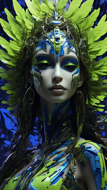 Neon Green Blue Cyberpunk Shaman Portrait - Free mobile Wallpaper