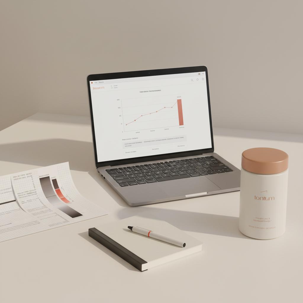 Clinical desk with FibroScan printout, laptop showing a simplified liver stiffness graph and the Tonum product from the reference photos — illustrating how quickly does liver disease progress