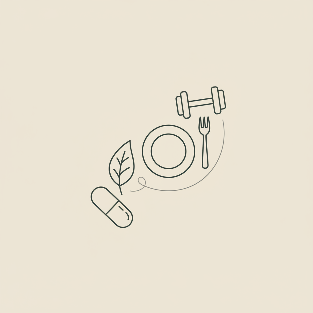Minimal Tonum-style line illustration of a capsule, leaf, small plate with fork and dumbbell on beige background representing high metabolism