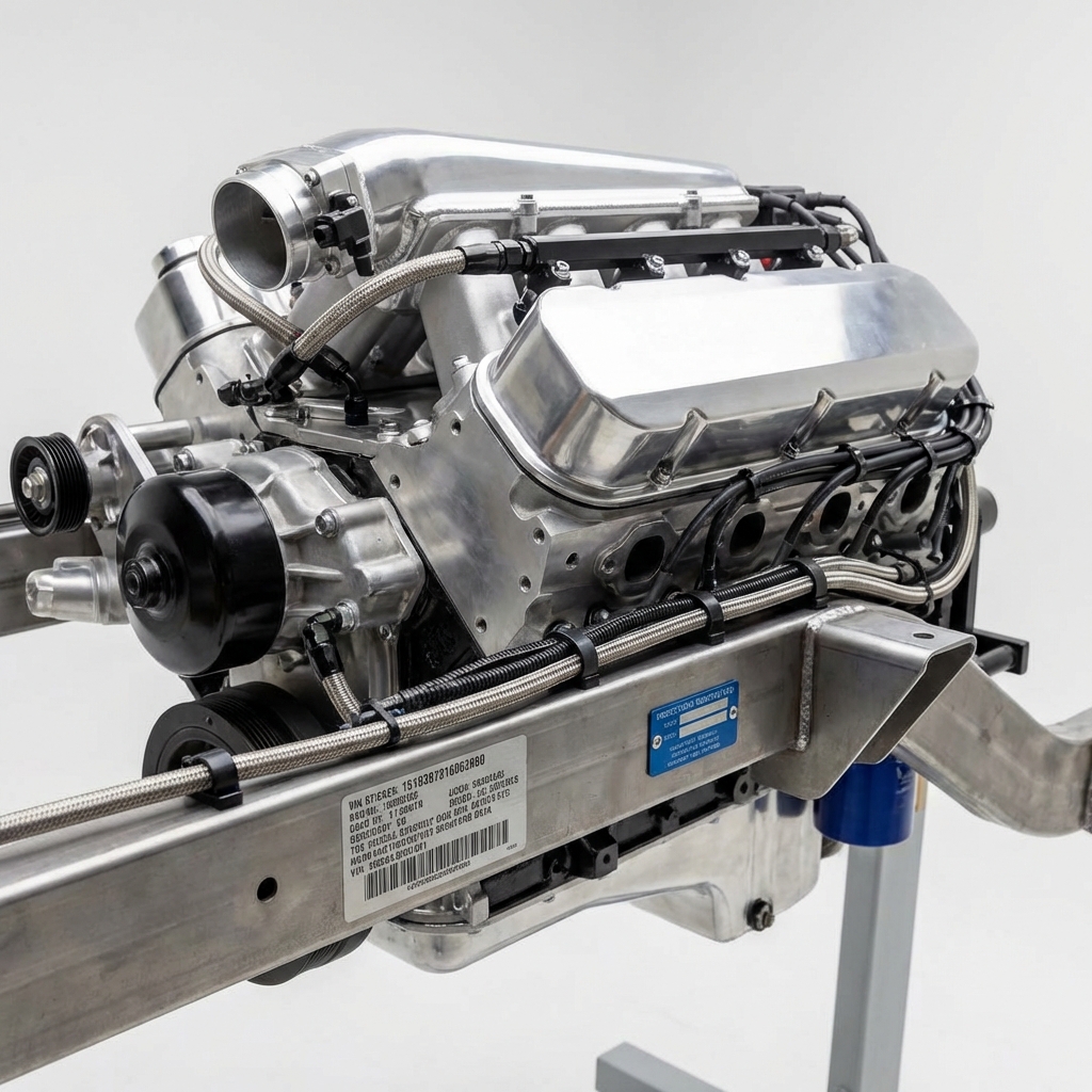 Close up V8 engine bay with clean wiring and visible VIN sticker on the frame rail camaro ss for sale