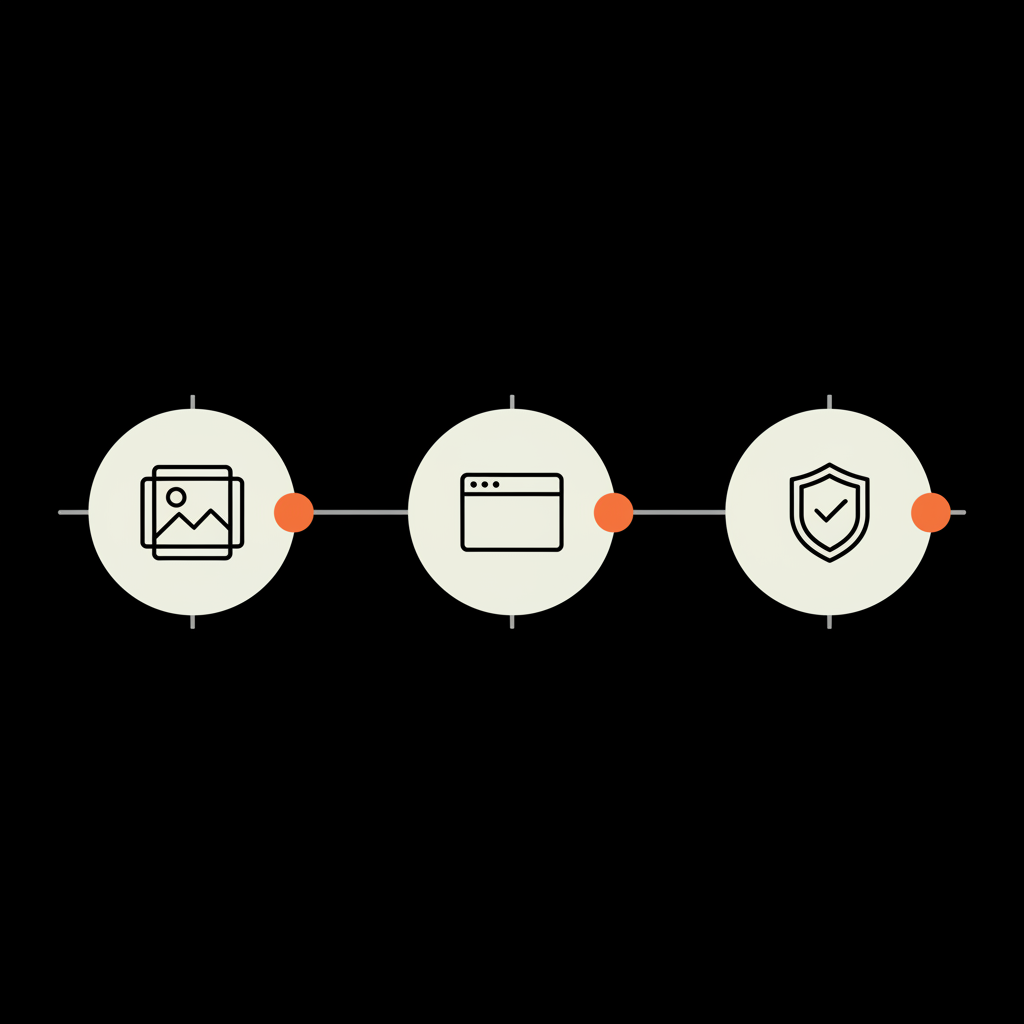 Minimal 2D vector infographic showing an Instagram verification requirements timeline with three horizontal segments and vector icons for media, website, and app stability on a black background.