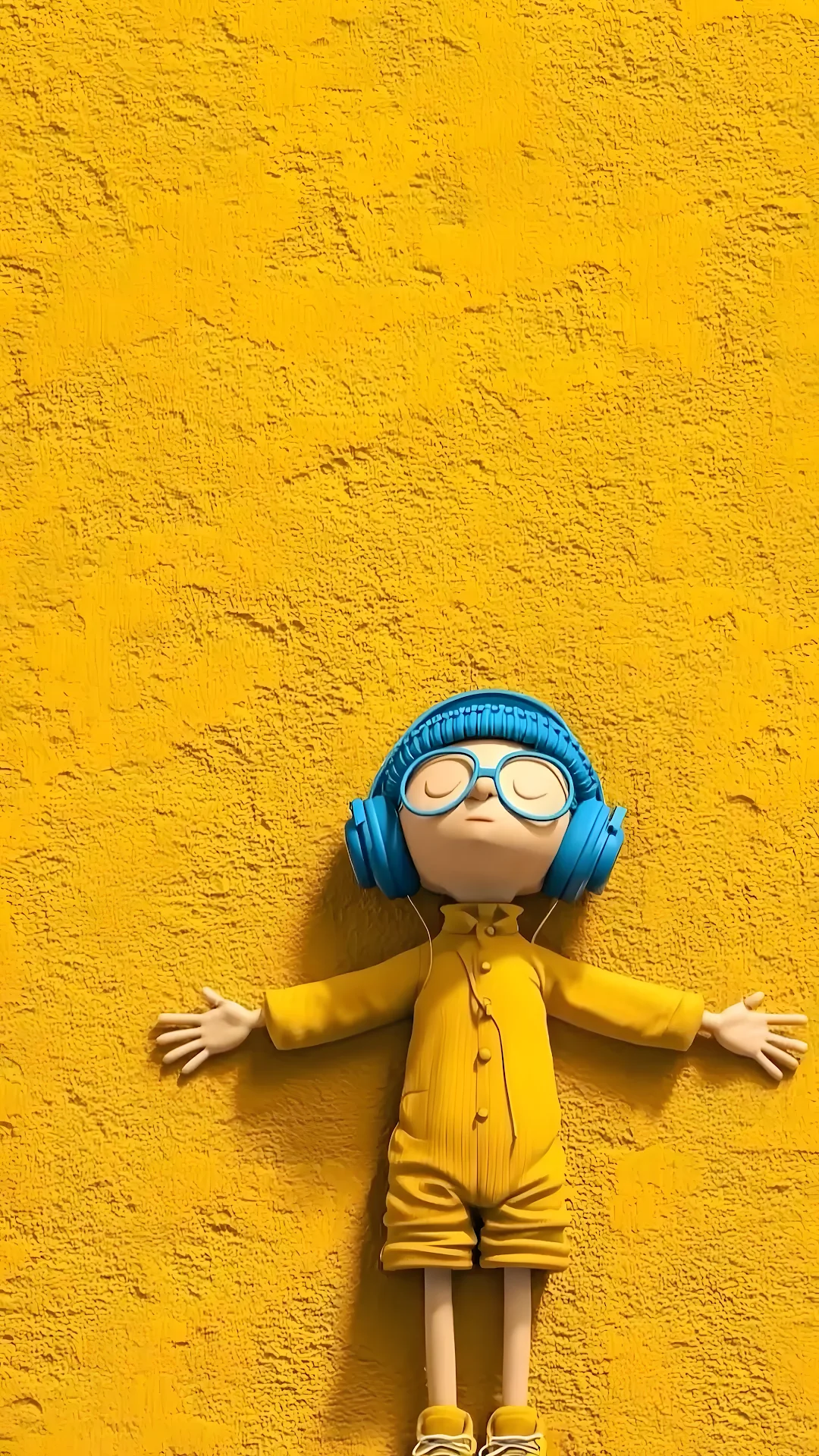 3D Character Relaxing on Vibrant Yellow Wall - Free 4K mobile Wallpaper