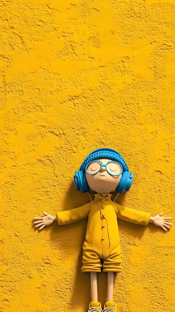 3D Character Relaxing on Vibrant Yellow Wall - Free mobile Wallpaper