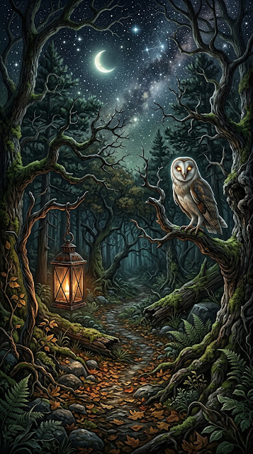 Mysterious Forest Clearing with Owl and Glowing Lantern - Free mobile Wallpaper